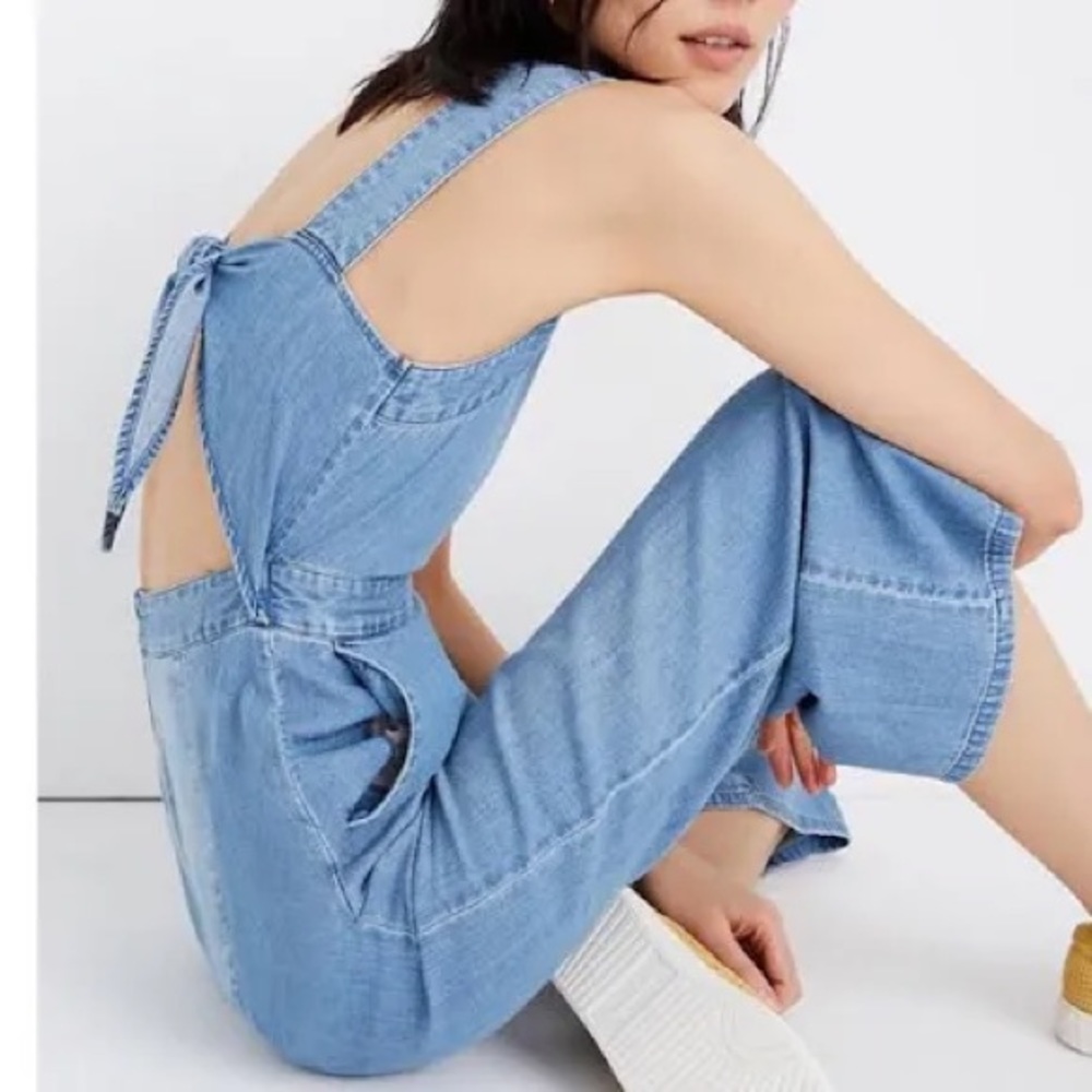 Madewell tie back denim cropped jumpsuit